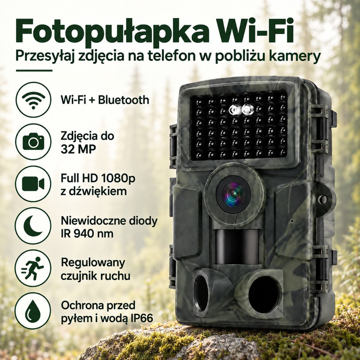 Fotopułapka WiFi 32 MP – Full HD, zdjęcia na telefon bez abonamentu