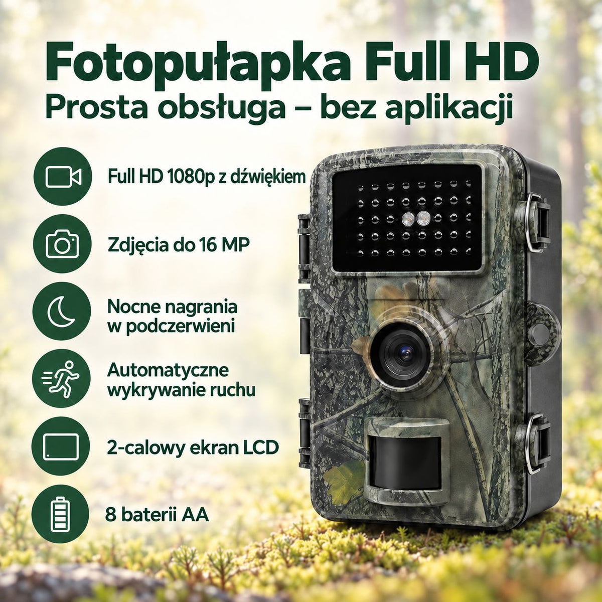 Fotopułapka Full HD 1080p – 16 MP, prosta obsługa bez aplikacji