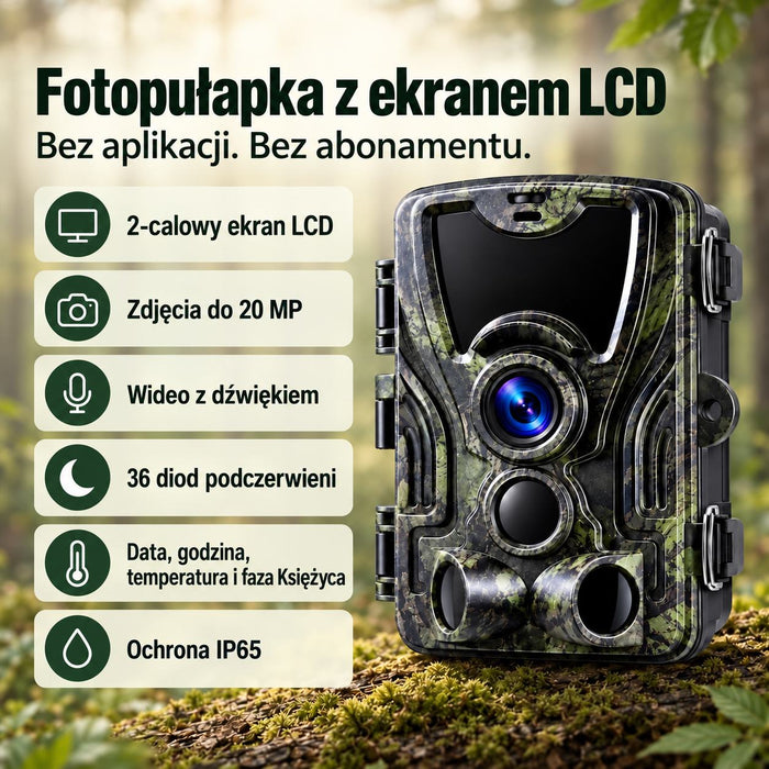 Fotopułapka 20 MP z ekranem LCD – data, godzina, temperatura i faza księżyca