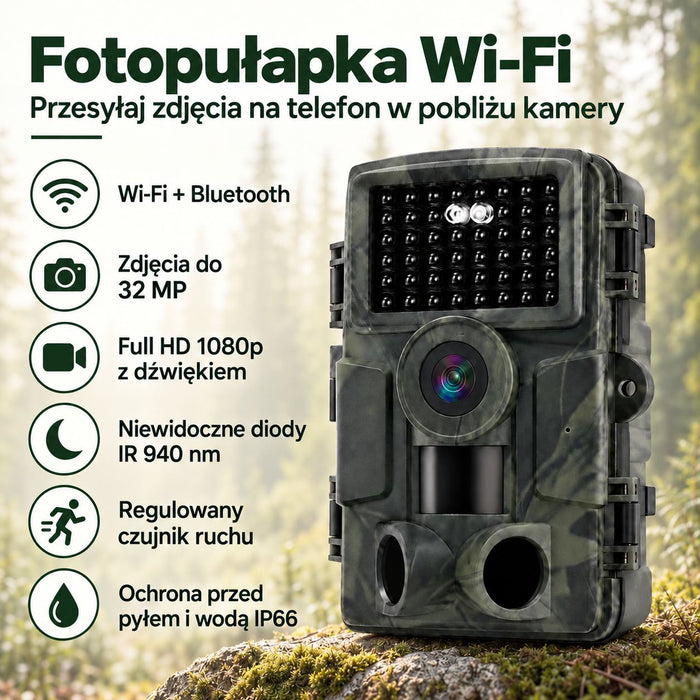 Fotopułapka WiFi 32 MP – Full HD, zdjęcia na telefon bez abonamentu